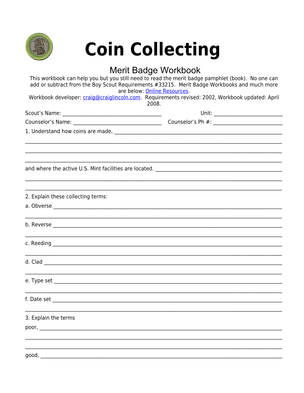 Coin Collecting P. 5 Merit Badge Workbook Scout's Name: ______