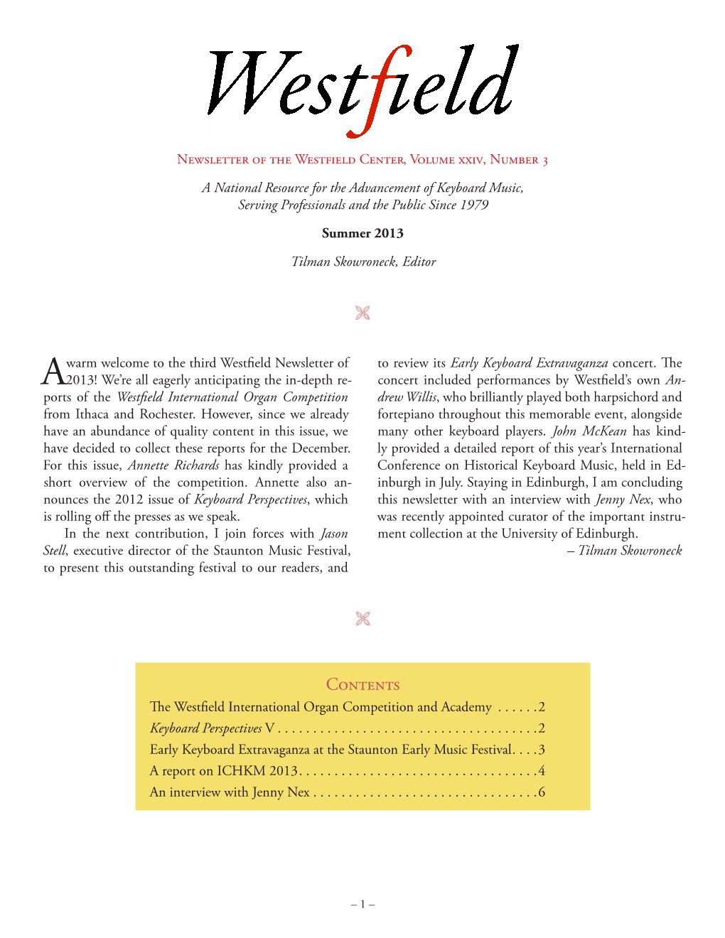 Westfield Newsletter, Vol. XXIV, No. 3, Summer 2013
