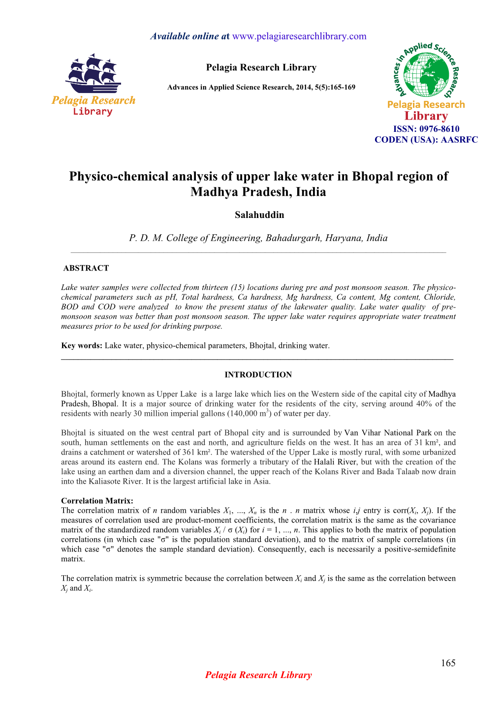 Physico-Chemical Analysis of Upper Lake Water in Bhopal Region of Madhya Pradesh, India