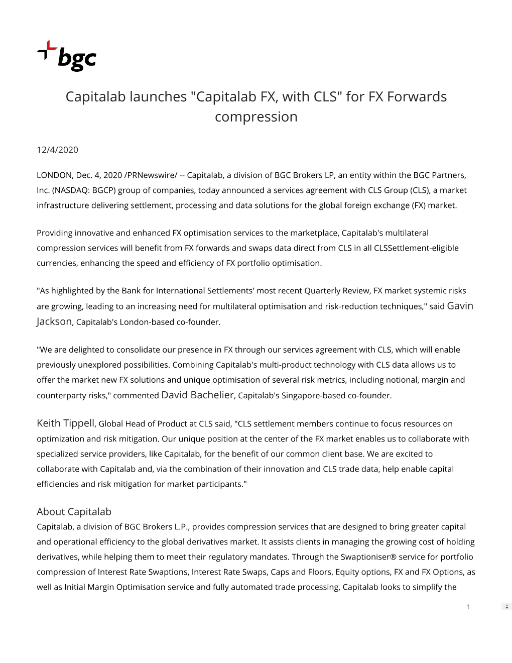 "Capitalab FX, with CLS" for FX Forwards Compression