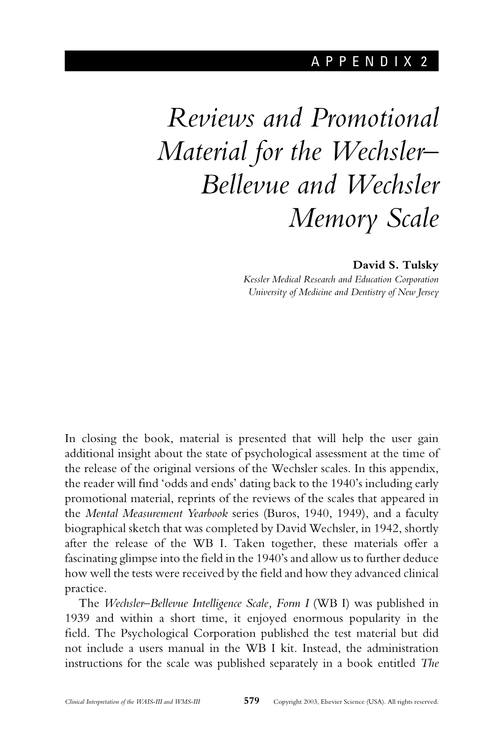 Reviews and Promotional Material for the Wechsler± Bellevue and Wechsler Memory Scale