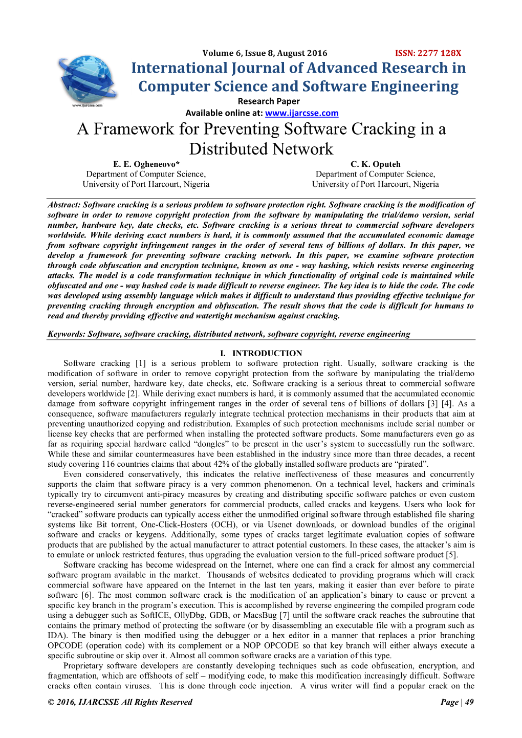 A Framework for Preventing Software Cracking in a Distributed Network E