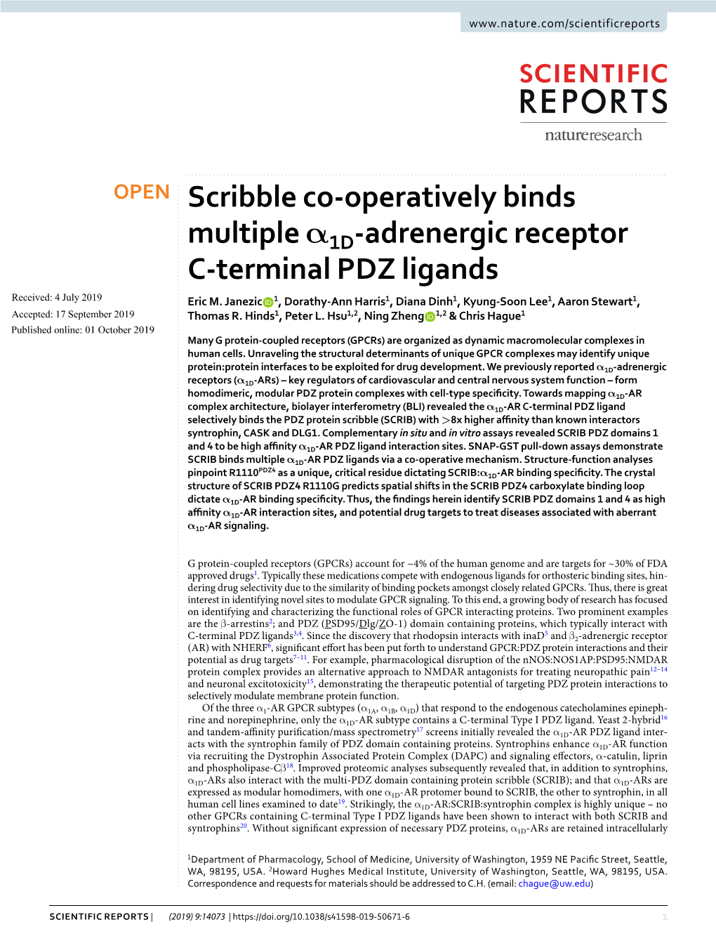 Adrenergic Receptor C-Terminal PDZ Ligands Received: 4 July 2019 Eric M