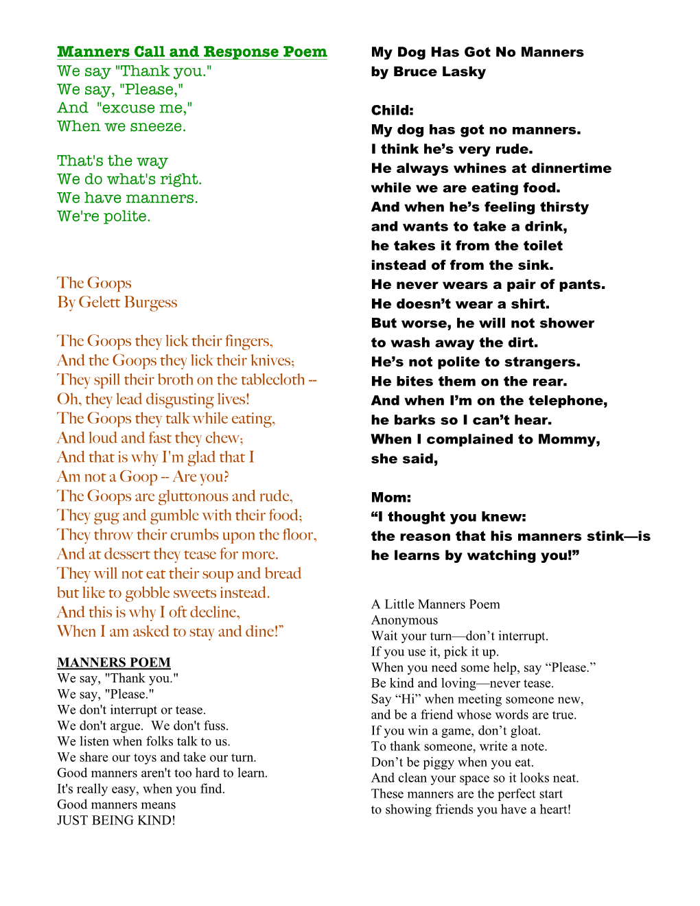 Manners Call and Response Poem We Say 