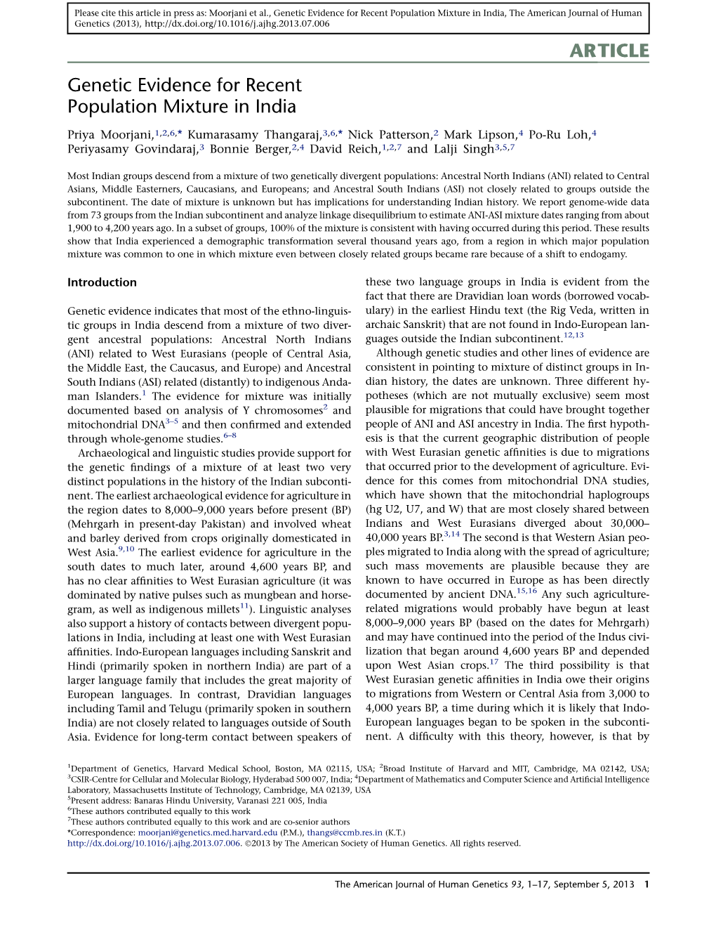 Genetic Evidence for Recent Population Mixture in India