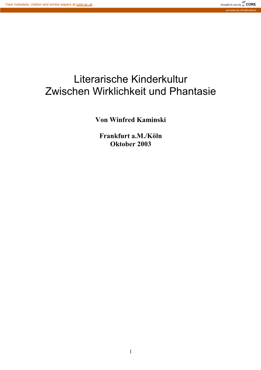 Literarische Kinderkultur Zwischen Wirklichkeit Und Phantasie