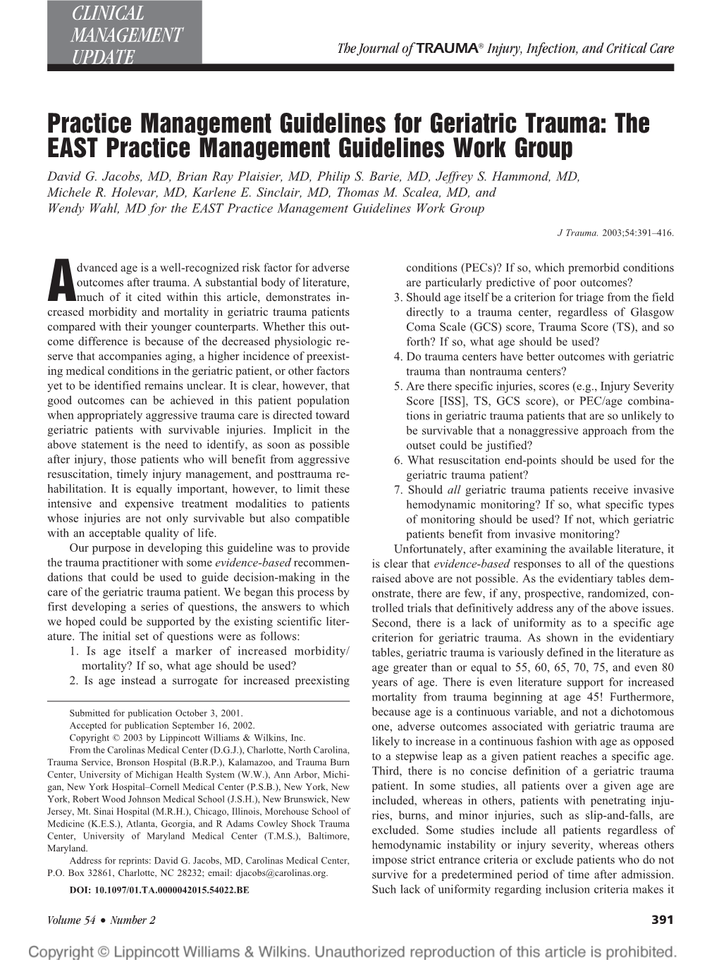 Practice Management Guidelines for Geriatric Trauma: the EAST Practice Management Guidelines Work Group David G
