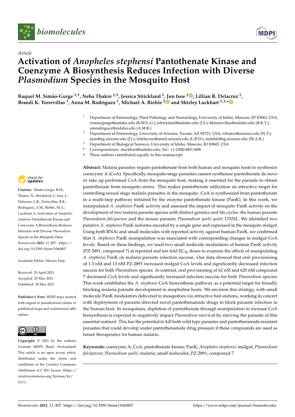 Activation of Anopheles Stephensi Pantothenate Kinase and Coenzyme a Biosynthesis Reduces Infection with Diverse Plasmodium Species in the Mosquito Host