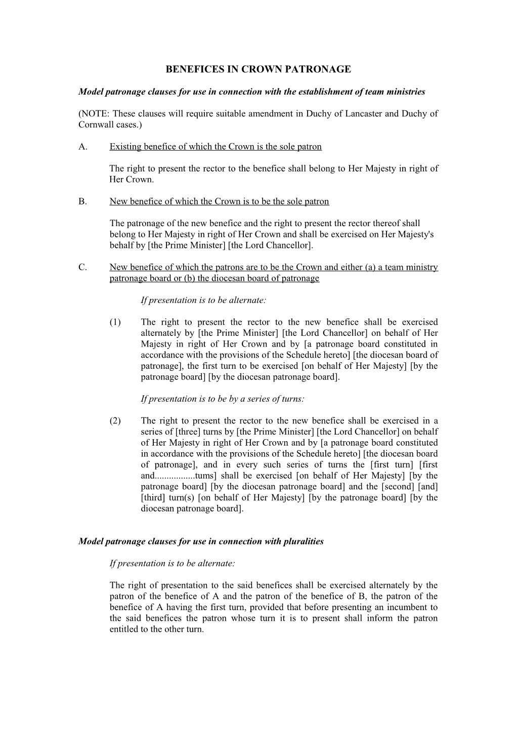 Model Patronage Clauses for Use in Connection with the Establishment of Team Ministries