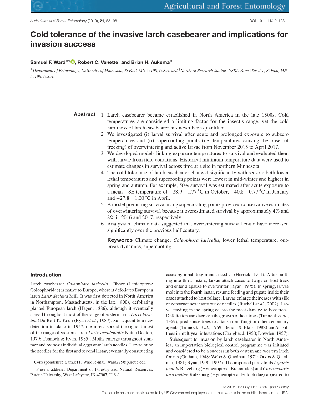 Cold Tolerance of the Invasive Larch Casebearer and Implications for Invasion Success