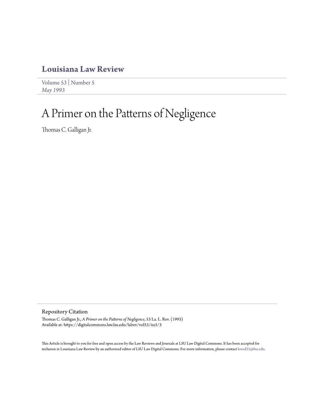 A Primer on the Patterns of Negligence Thomas C