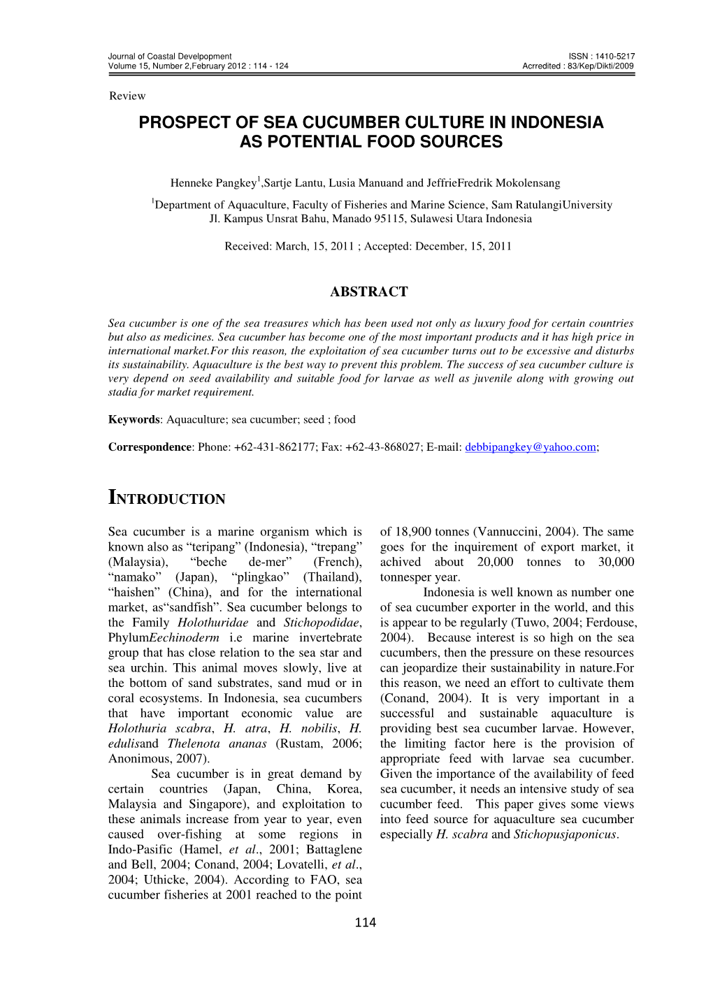 Prospect of Sea Cucumber Culture in Indonesia As Potential Food Sources