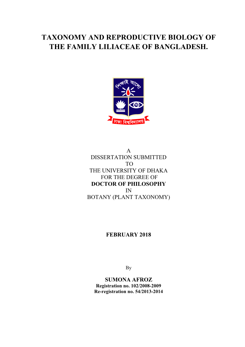 Taxonomy and Reproductive Biology of the Family Liliaceae of Bangladesh