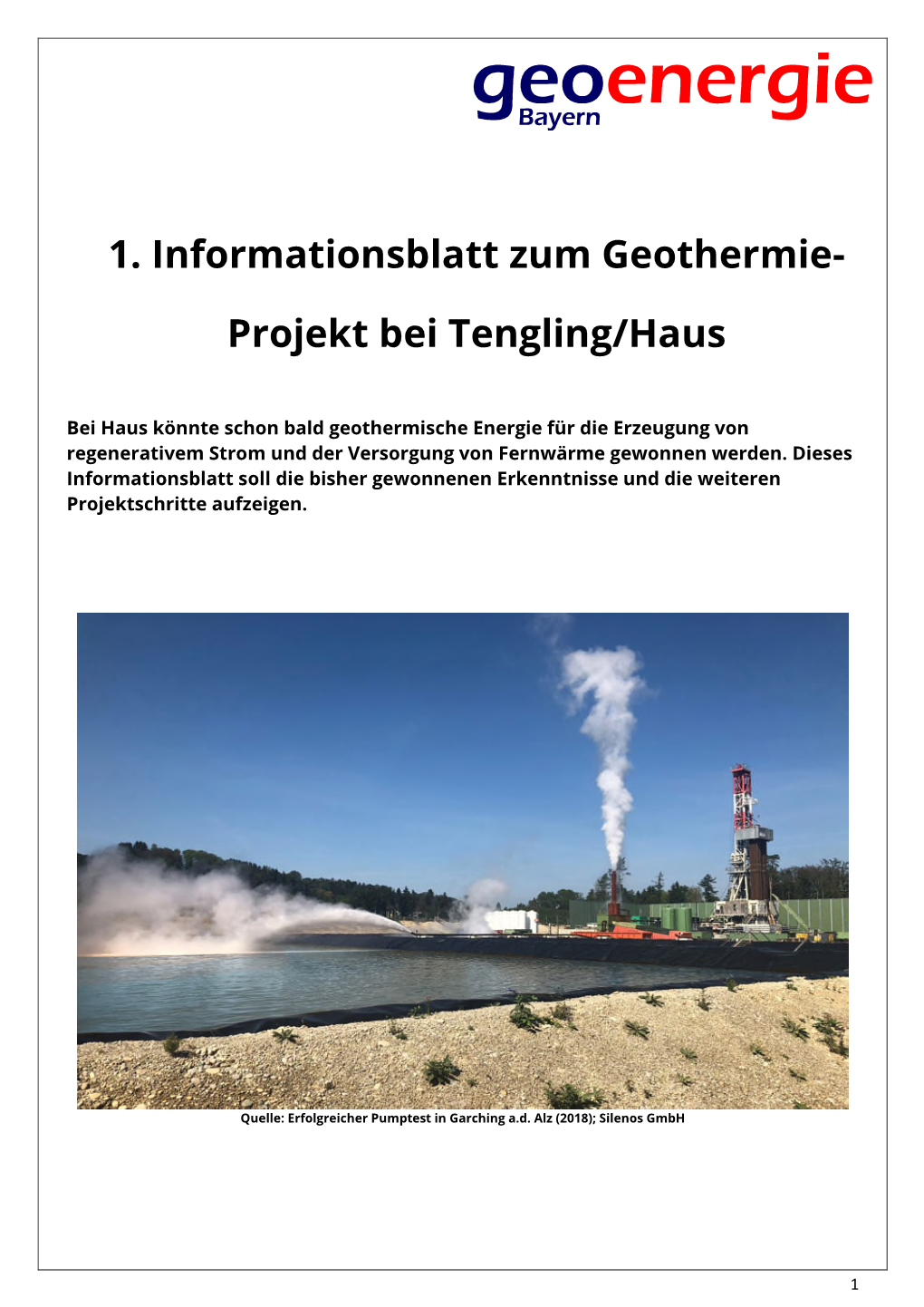 1. Informationsblatt Zum Geothermie- Projekt Bei Tengling/Haus