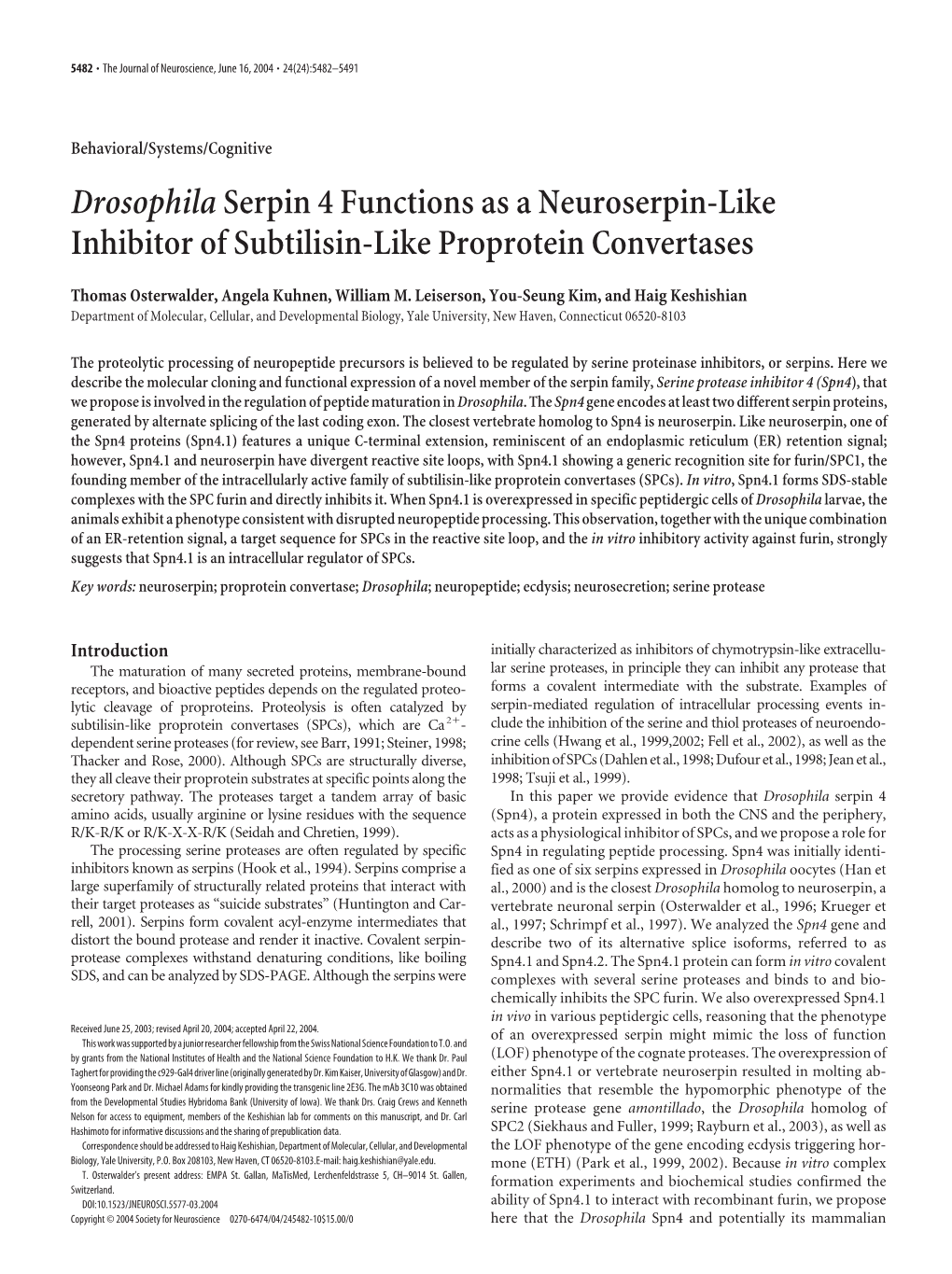 Drosophilaserpin 4 Functions As a Neuroserpin-Like Inhibitor Of