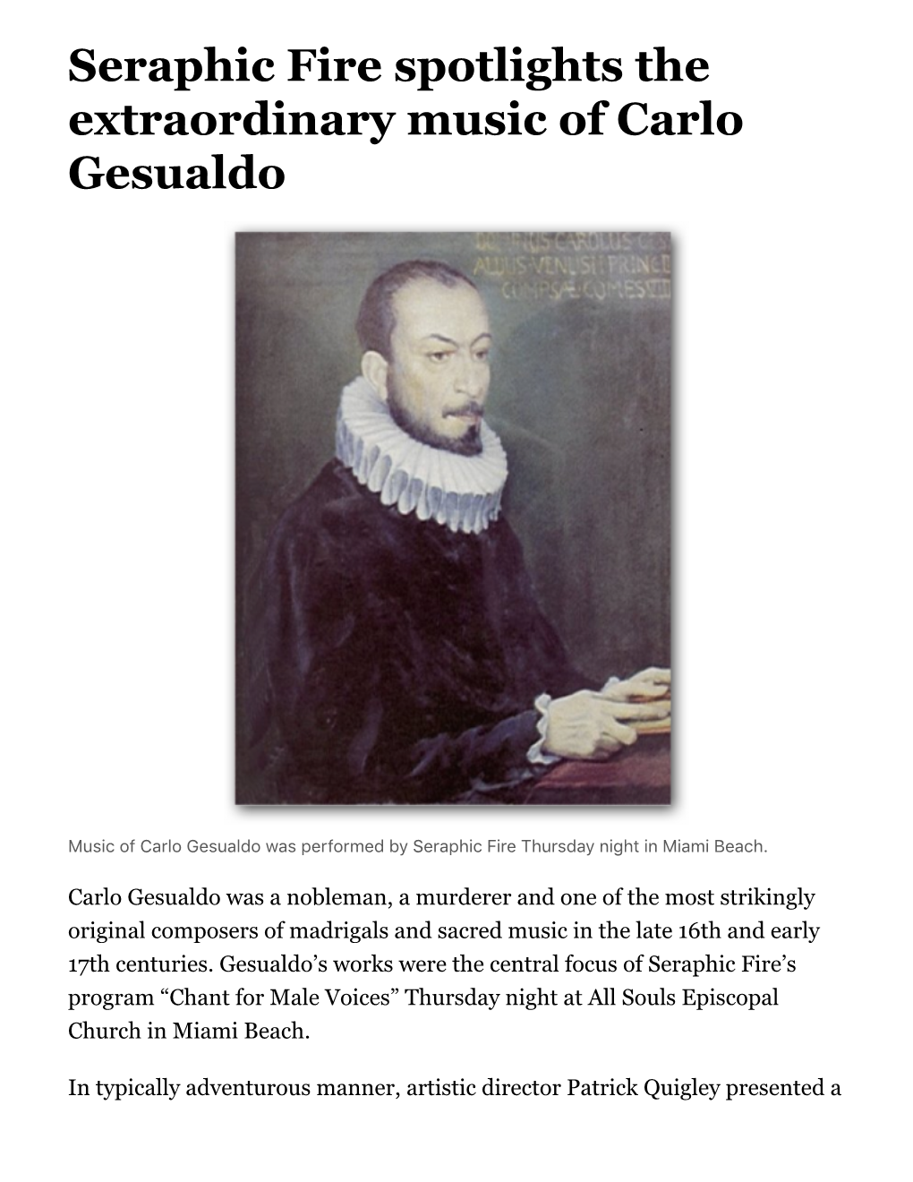 Seraphic Fire Spotlights the Extraordinary Music of Carlo Gesualdo