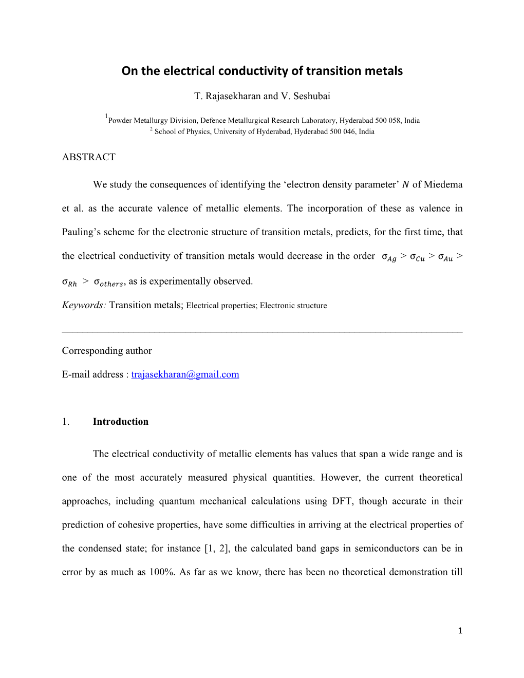 On the Electrical Conductivity of Transition Metals