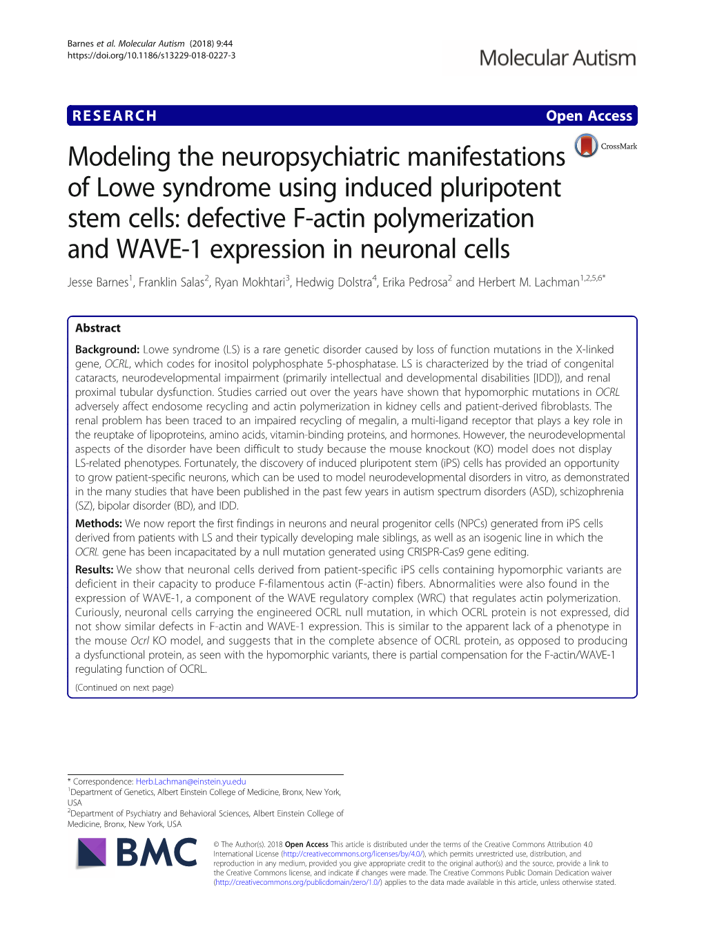 Defective F-Actin Polymerization and WAVE-1 Expression in Neuronal Cells Jesse Barnes1, Franklin Salas2, Ryan Mokhtari3, Hedwig Dolstra4, Erika Pedrosa2 and Herbert M