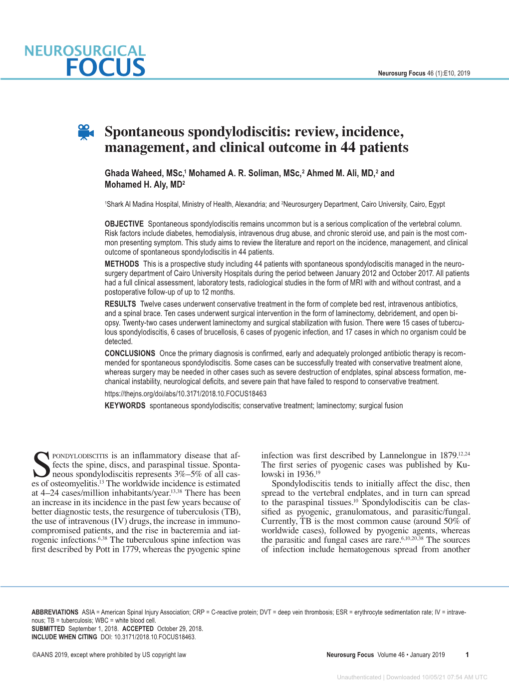 Spontaneous Spondylodiscitis: Review, Incidence, Management, and Clinical Outcome in 44 Patients