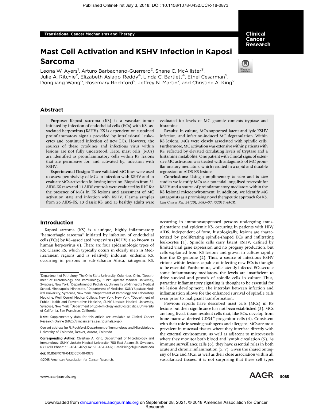 Mast Cell Activation and KSHV Infection in Kaposi Sarcoma Leona W