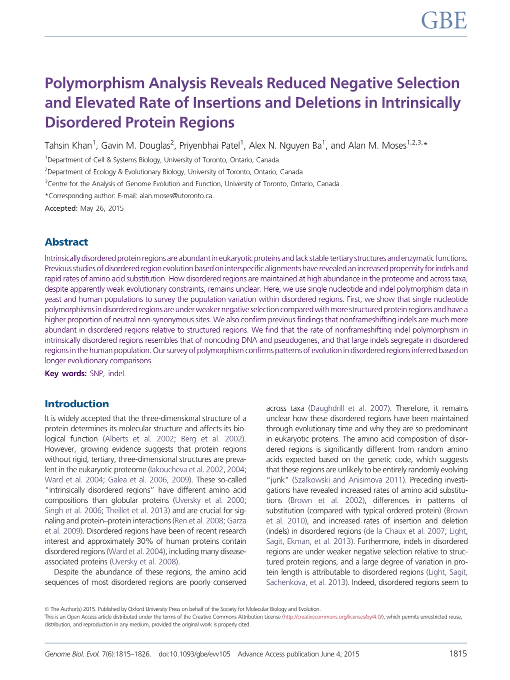 Polymorphism Analysis Reveals Reduced Negative Selection and Elevated Rate of Insertions and Deletions in Intrinsically Disordered Protein Regions