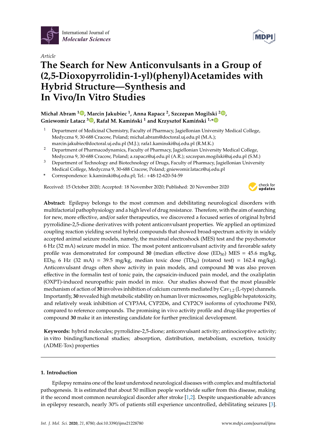 (2,5-Dioxopyrrolidin-1-Yl)(Phenyl)Acetamides with Hybrid Structure—Synthesis and in Vivo/In Vitro Studies