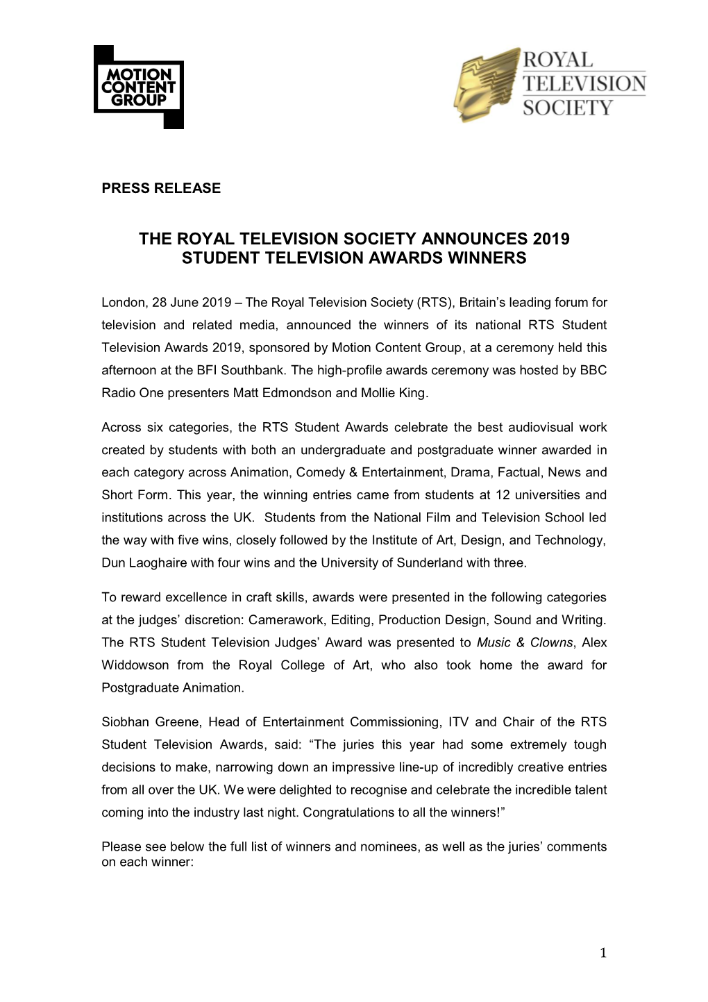 The Royal Television Society Announces 2019 Student Television Awards Winners