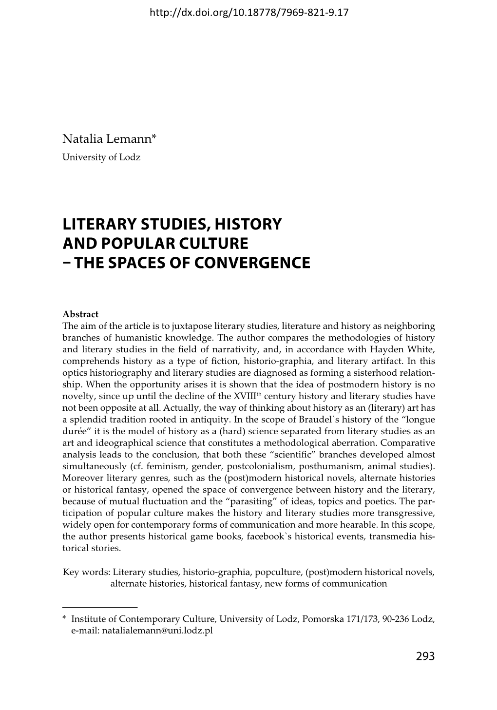 Literary Studies, History and Popular Culture – the Spaces of Convergence