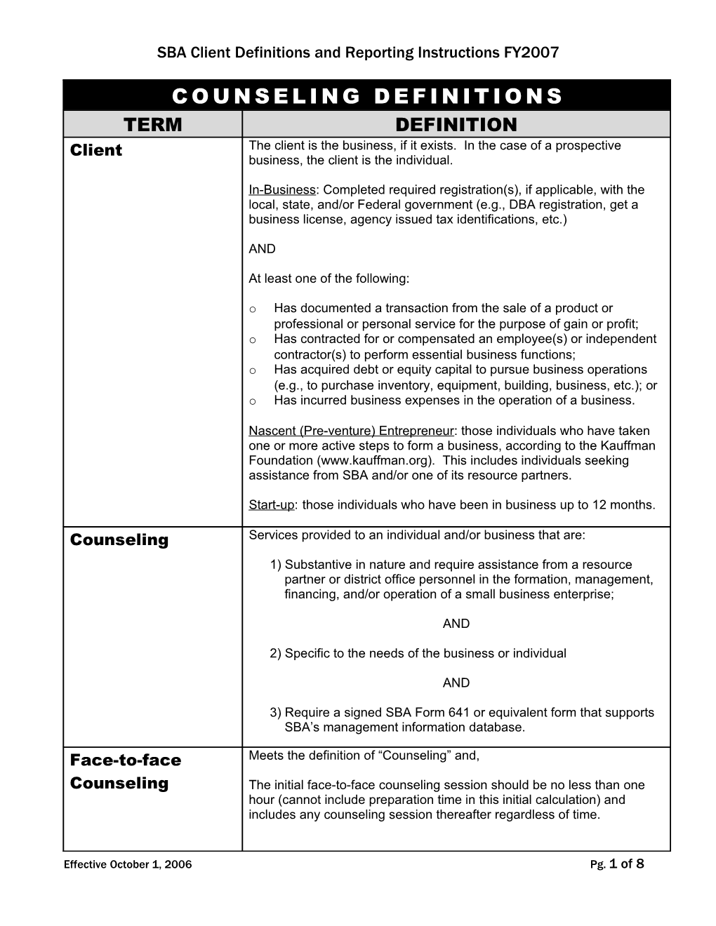 SBA Client Definitions and Reporting Instructions FY2007