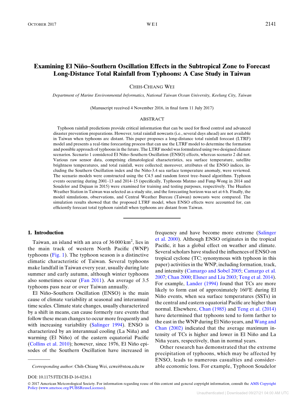 Examining El Niño–Southern Oscillation Effects in the Subtropical Zone to Forecast Long-Distance Total Rainfall from Typhoons: a Case Study in Taiwan