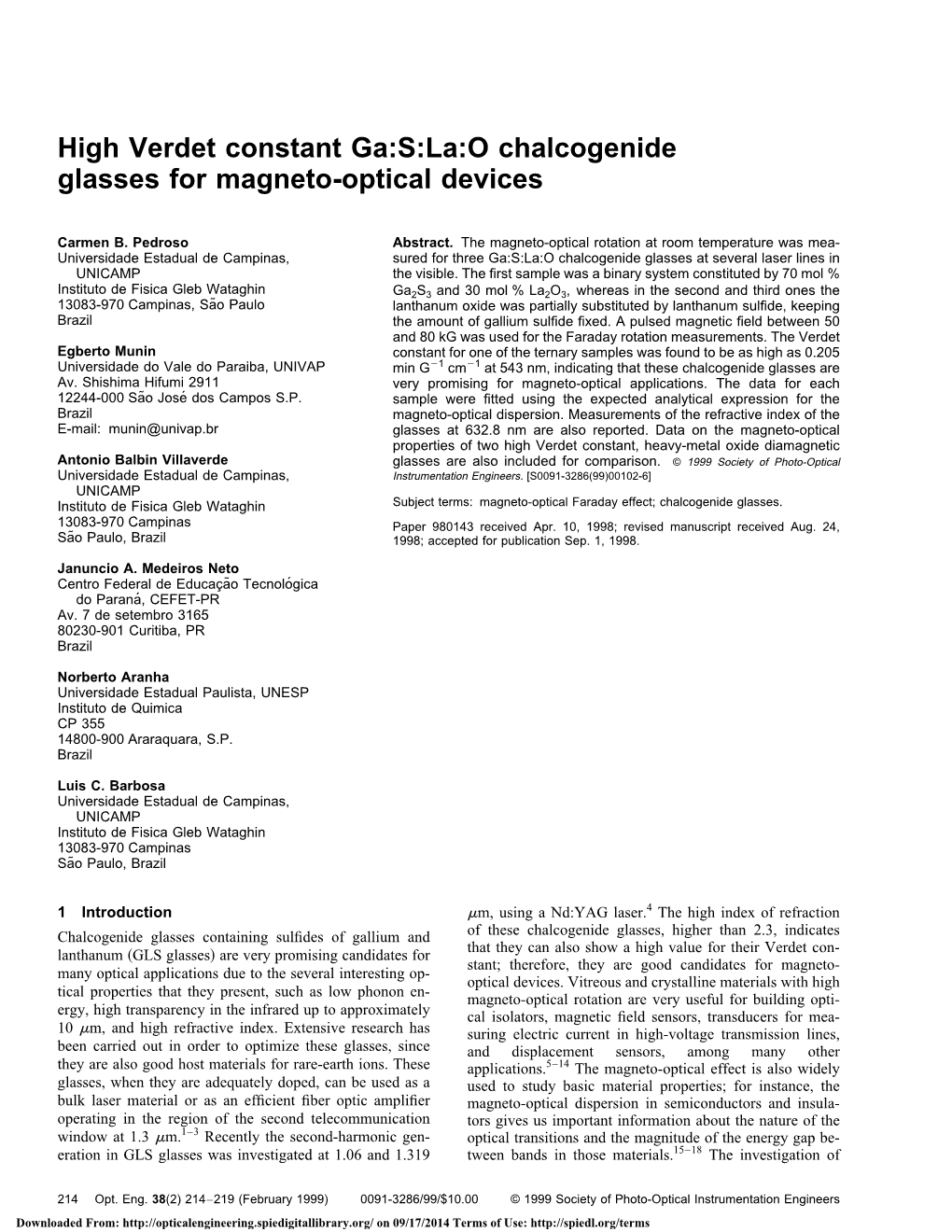 High Verdet Constant Ga:S:La:O Chalcogenide Glasses for Magneto-Optical Devices