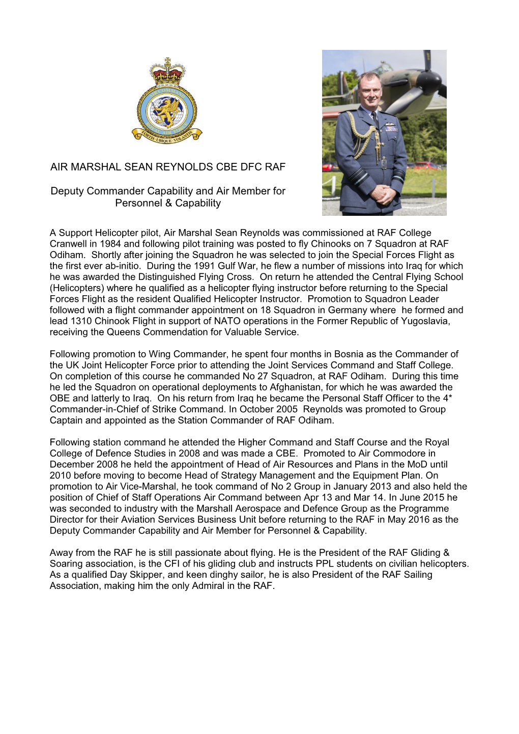 AIR MARSHAL SEAN REYNOLDS CBE DFC RAF Deputy Commander