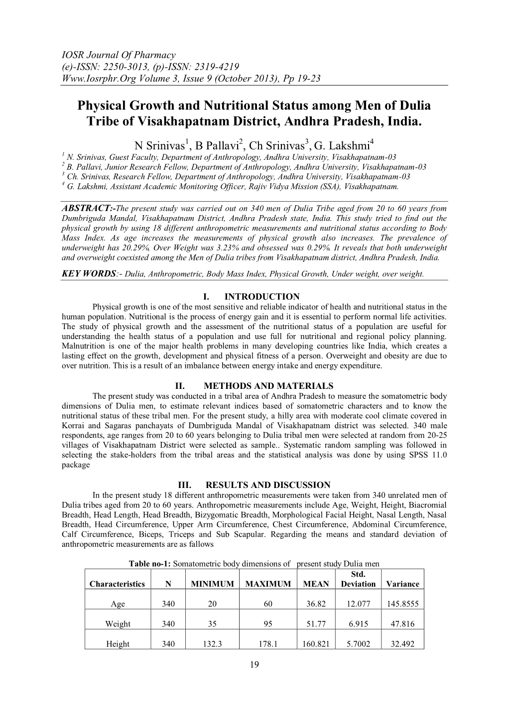 Physical Growth and Nutritional Status Among Men of Dulia Tribe of Visakhapatnam District, Andhra Pradesh, India