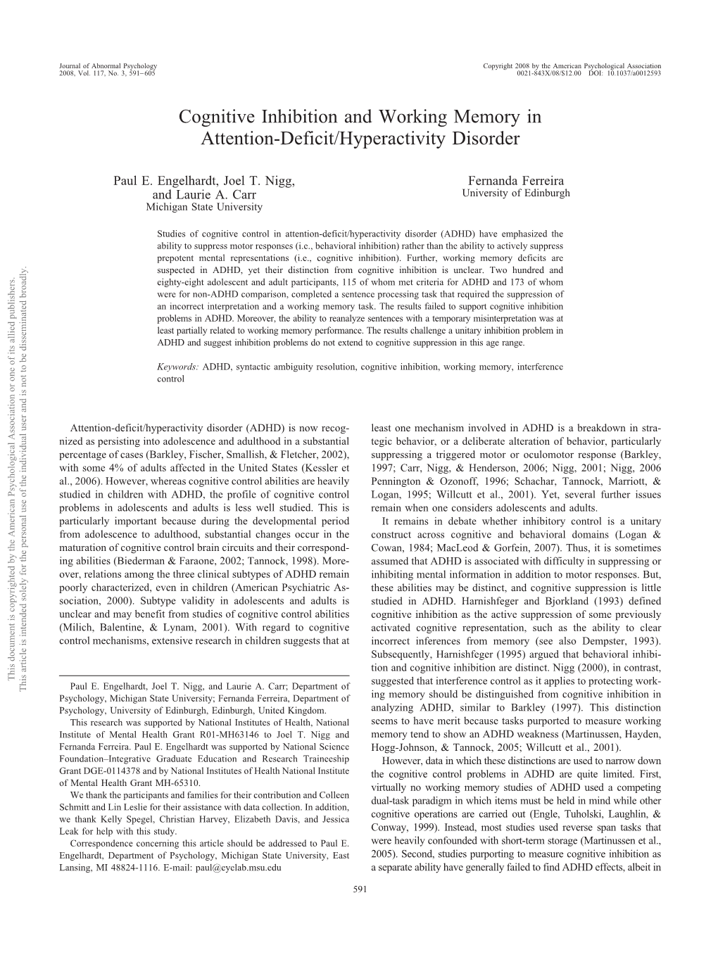 Cognitive Inhibition and Working Memory in Attention-Deficit/Hyperactivity Disorder