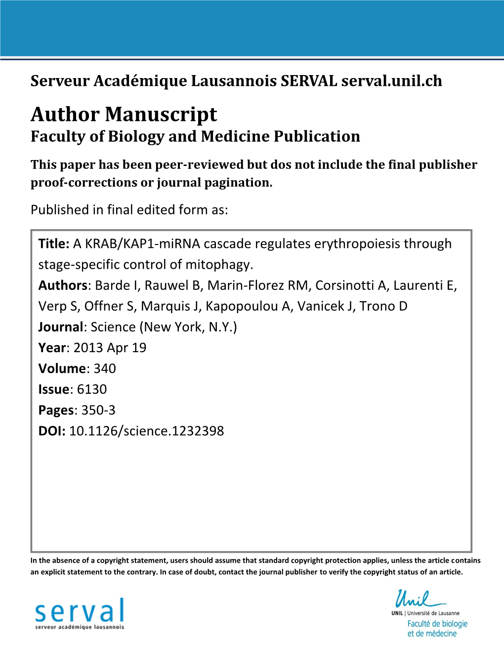 Author Manuscript Faculty of Biology and Medicine Publication