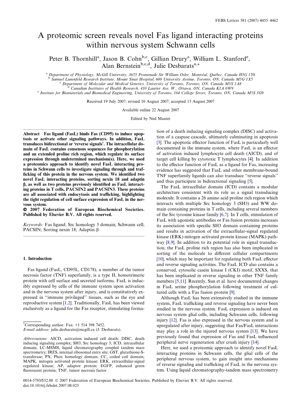 A Proteomic Screen Reveals Novel Fas Ligand Interacting Proteins Within Nervous System Schwann Cells