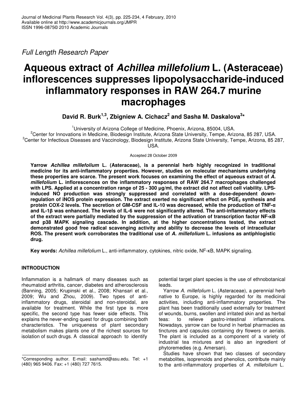 Aqueous Extract of Achillea Millefolium L. (Asteraceae) Inflorescences Suppresses Lipopolysaccharide-Induced Inflammatory Responses in RAW 264.7 Murine Macrophages