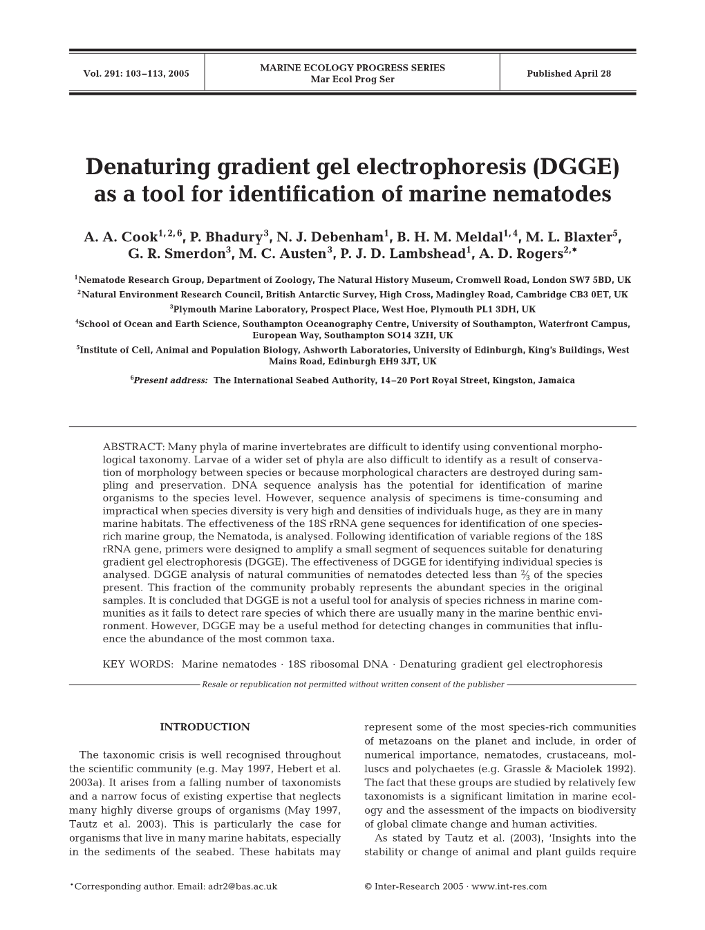 Denaturing Gradient Gel Electrophoresis (DGGE) As a Tool for Identification of Marine Nematodes
