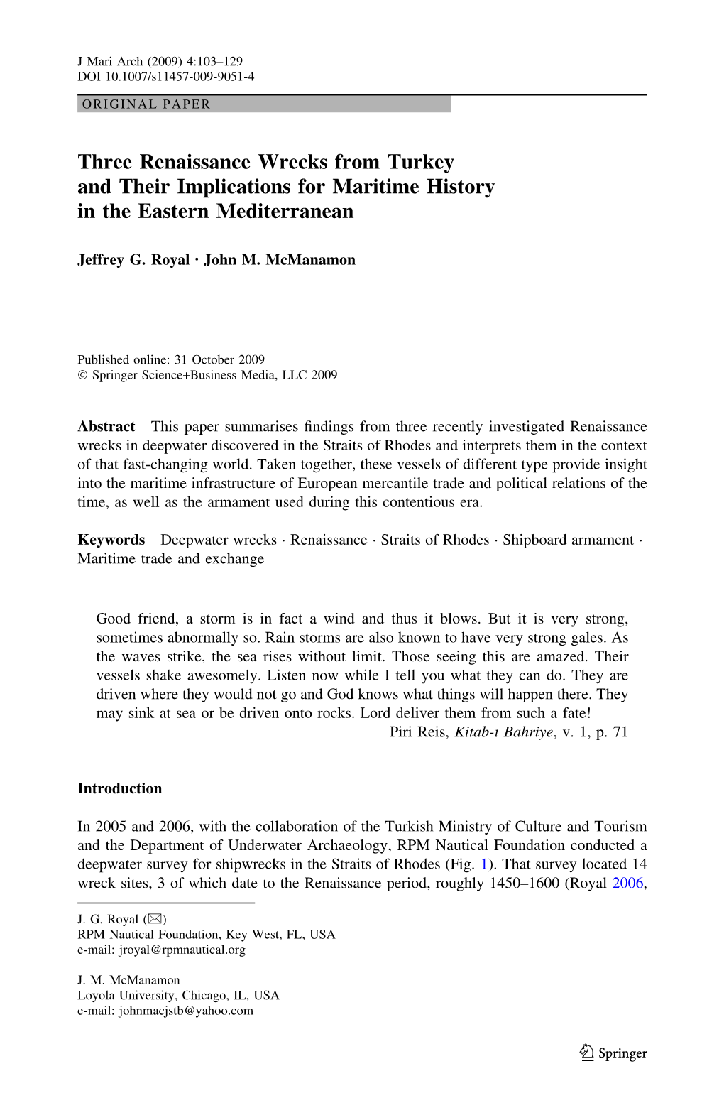 Three Renaissance Wrecks from Turkey and Their Implications for Maritime History in the Eastern Mediterranean