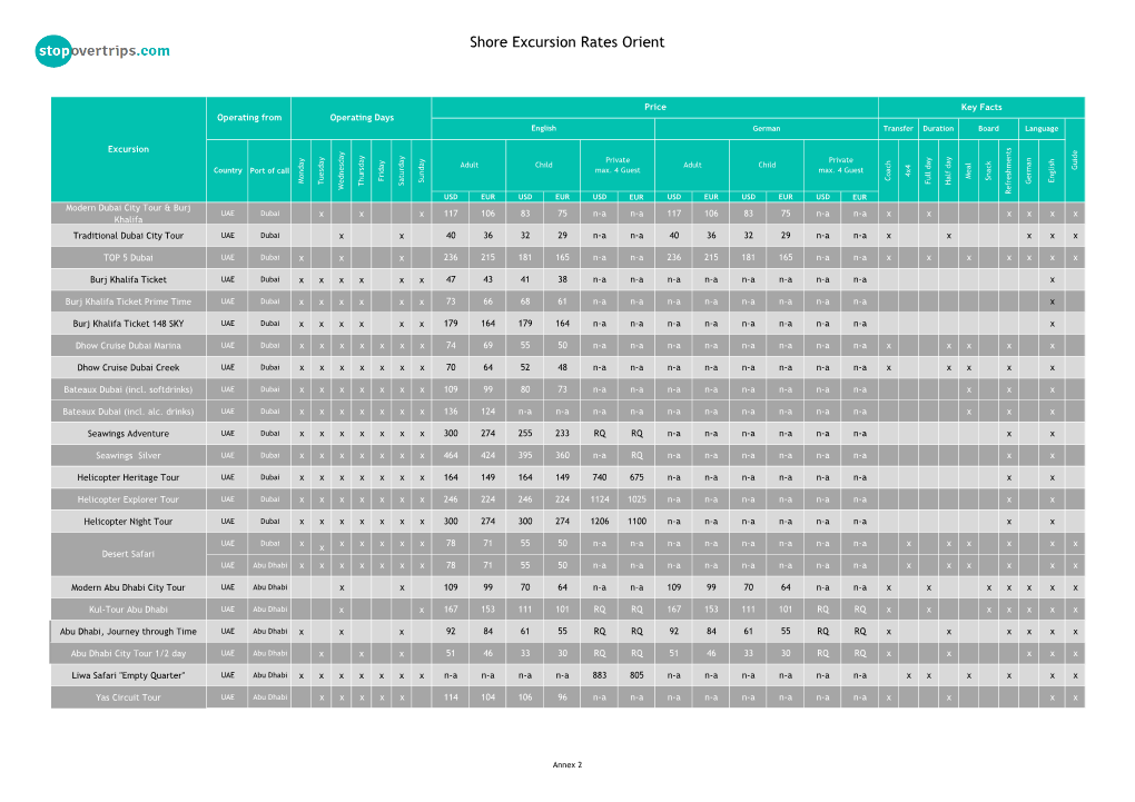 Shore Excursion Rates Orient