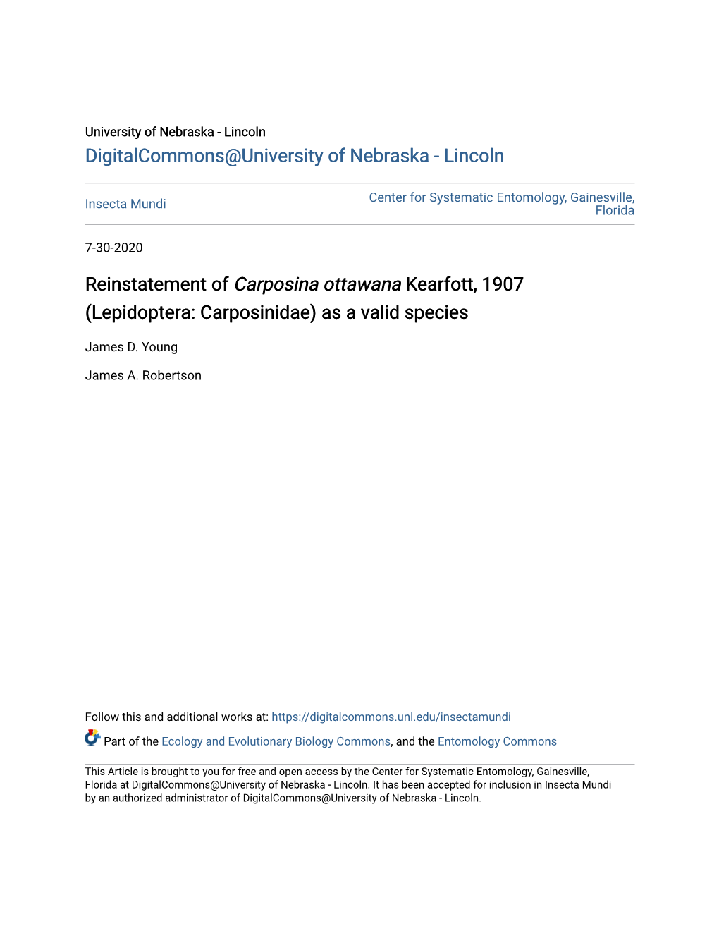 Reinstatement of &lt;I&gt;Carposina Ottawana&lt;/I&gt; Kearfott, 1907