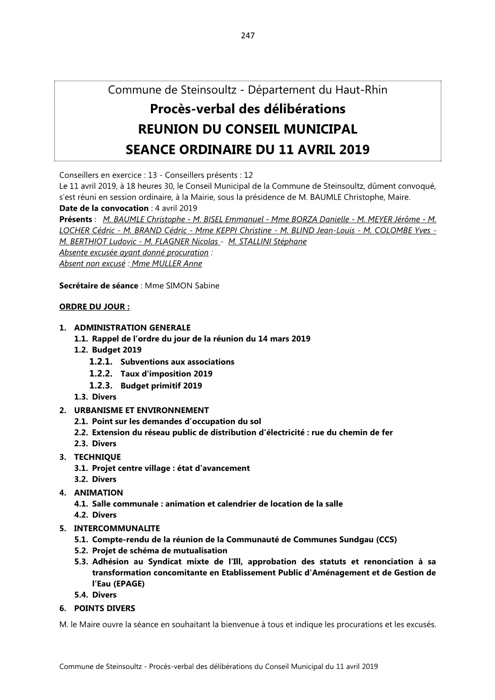Procès-Verbal Des Délibérations REUNION DU CONSEIL MUNICIPAL SEANCE ORDINAIRE DU 11 AVRIL 2019