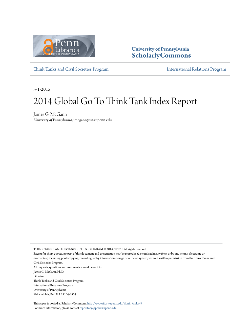 2014 Global Go to Think Tank Index Report