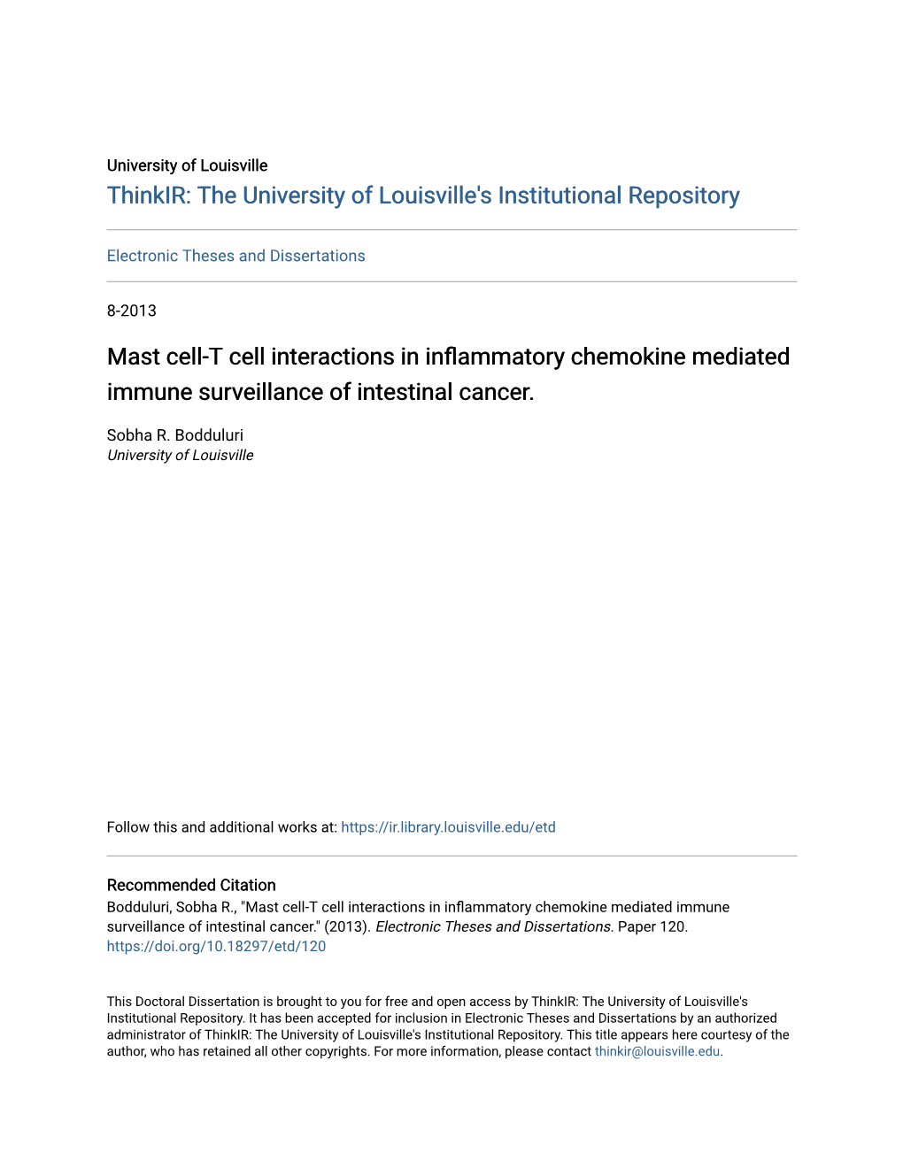 Mast Cell-T Cell Interactions in Inflammatory Chemokine Mediated Immune Surveillance of Intestinal Cancer