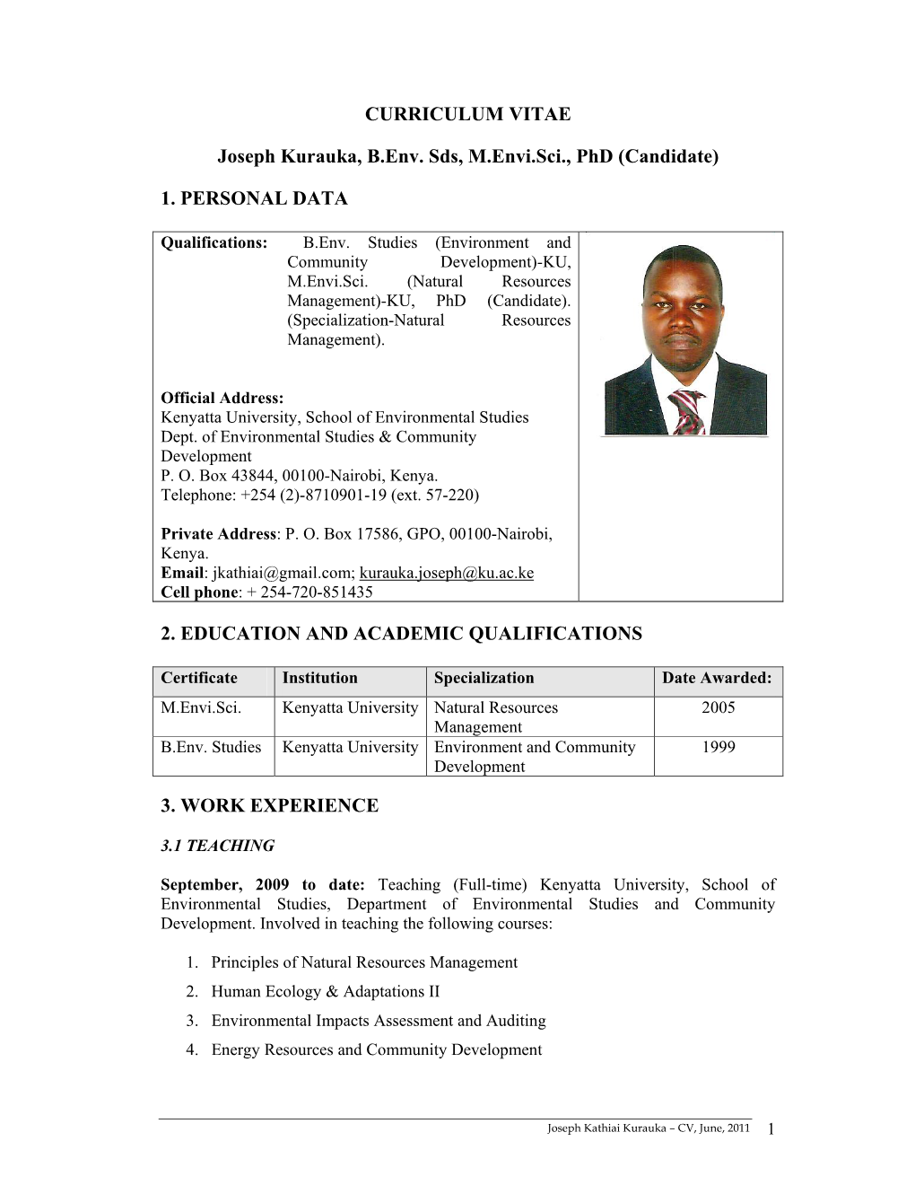 CURRICULUM VITAE Joseph Kurauka, B.Env. Sds, M.Envi.Sci