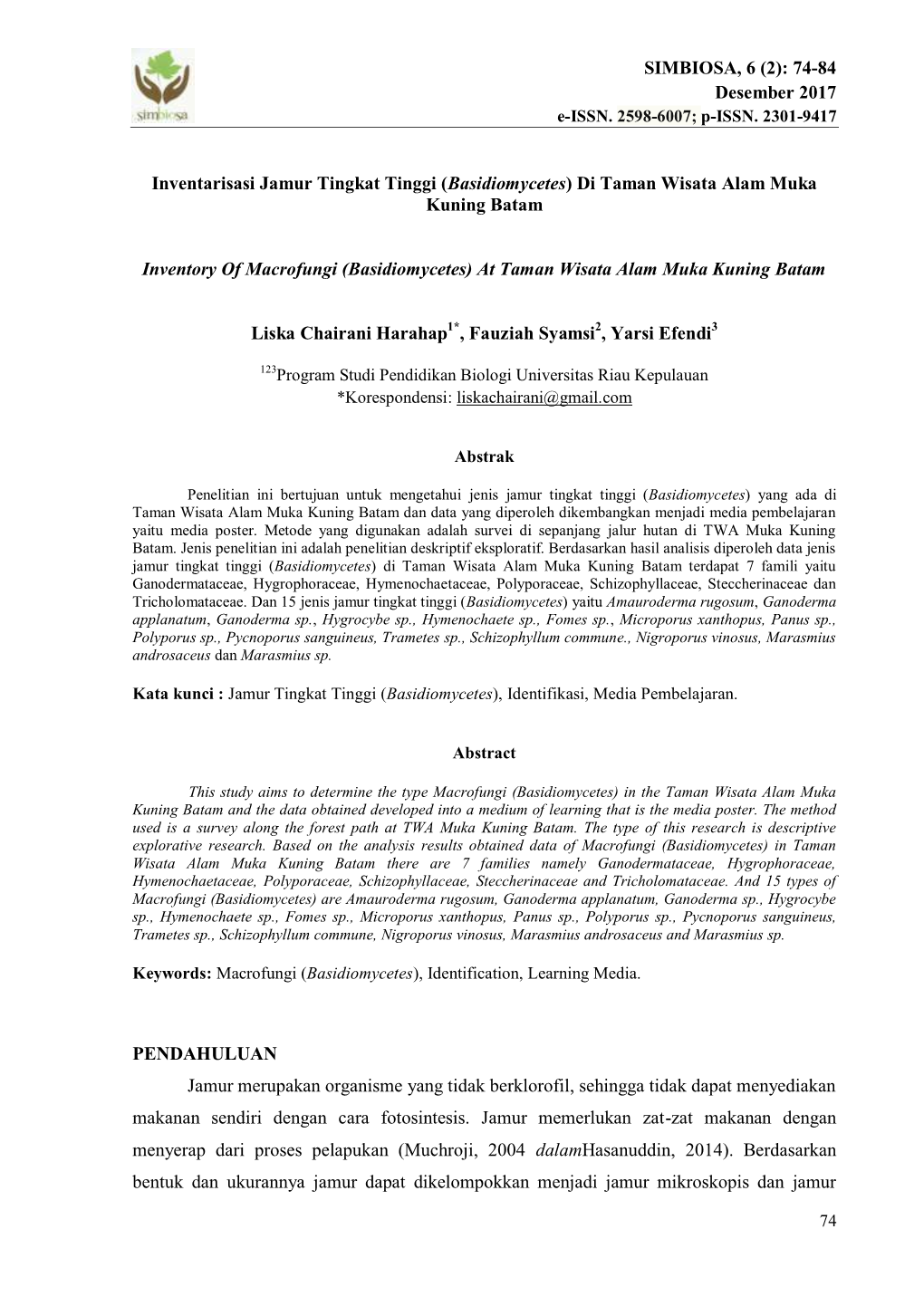 (2): 74-84 Desember 2017 Inventarisasi Jamur Tingkat Tinggi
