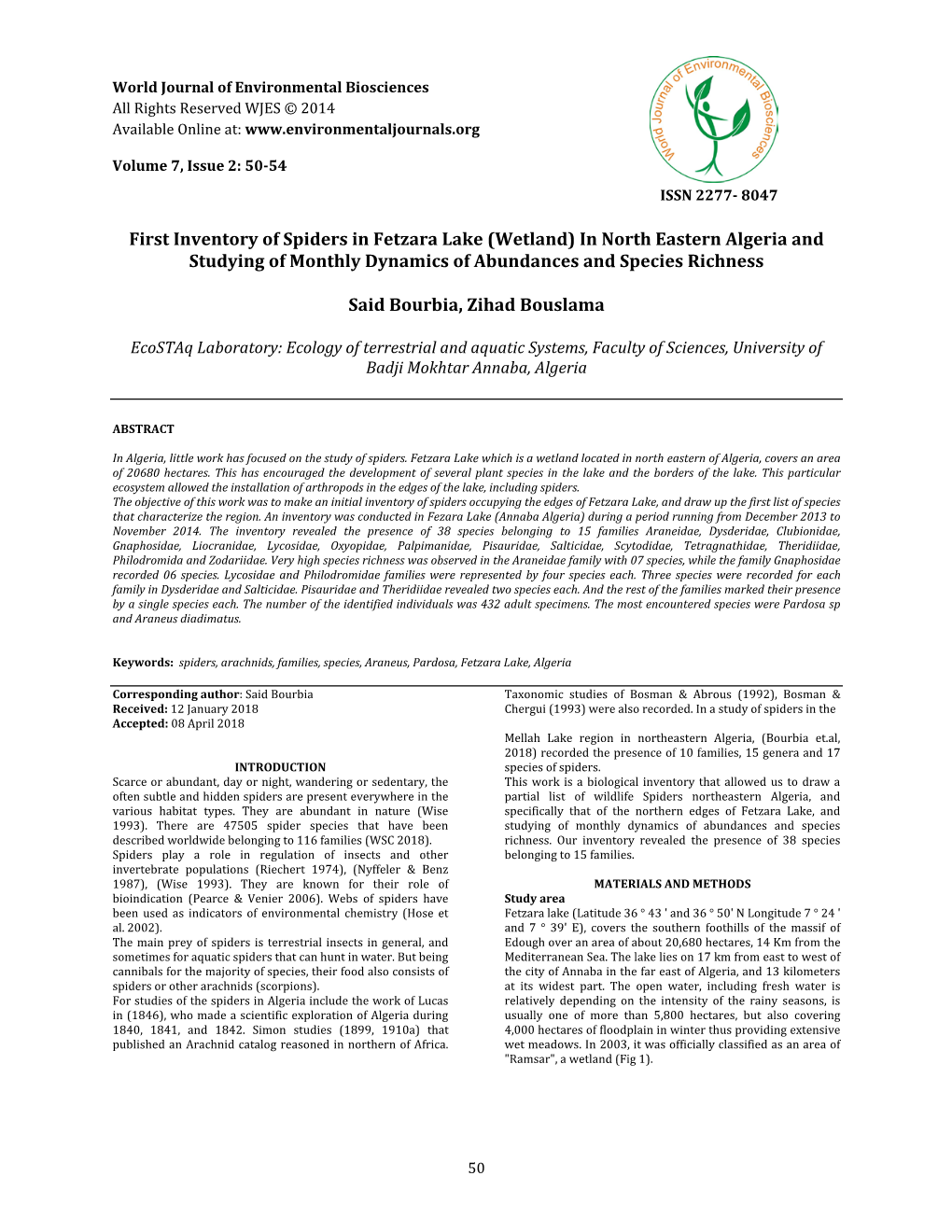 First Inventory of Spiders in Fetzara Lake (Wetland) in North Eastern Algeria and Studying of Monthly Dynamics of Abundances and Species Richness