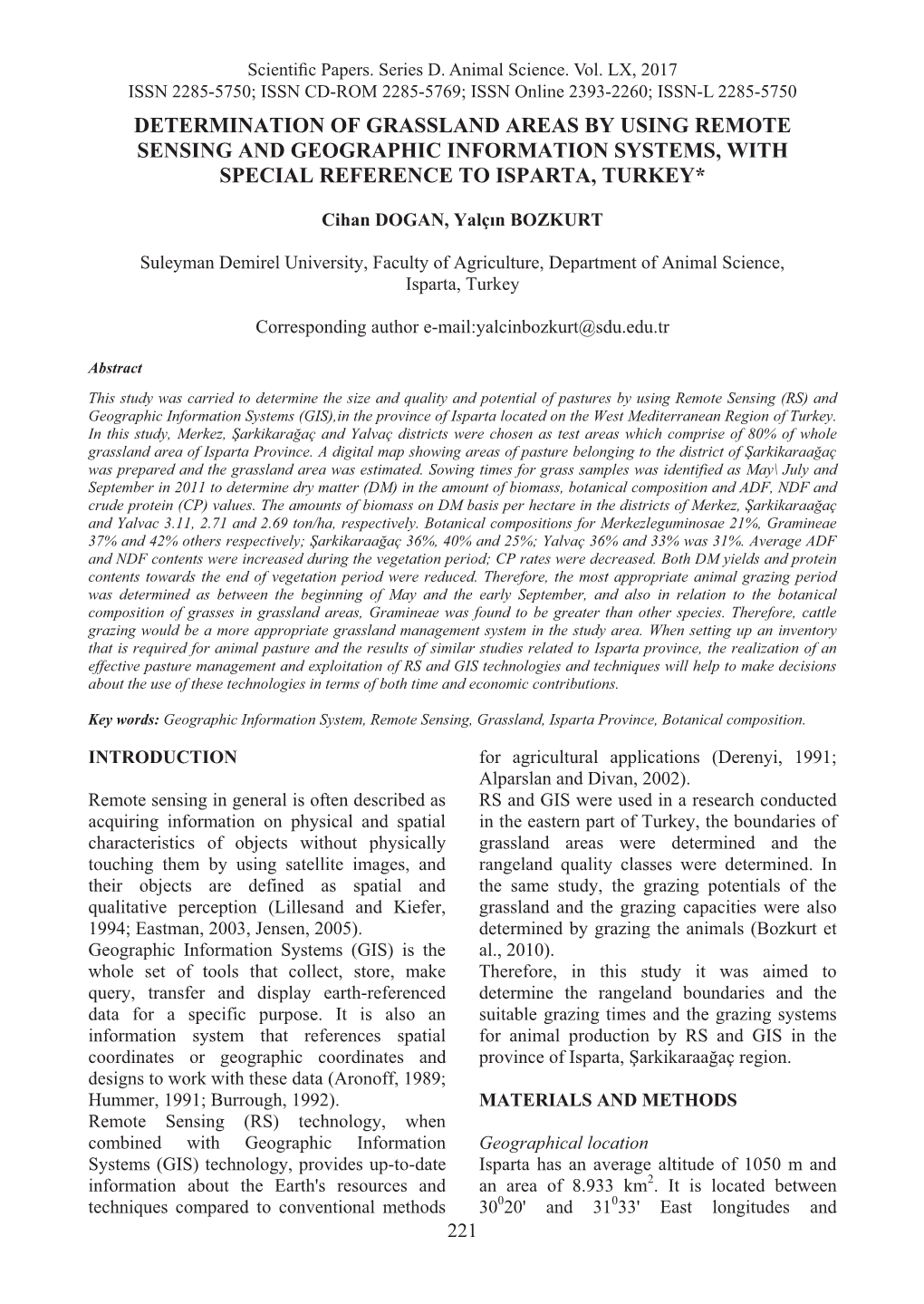 Determination of Grassland Areas by Using Remote