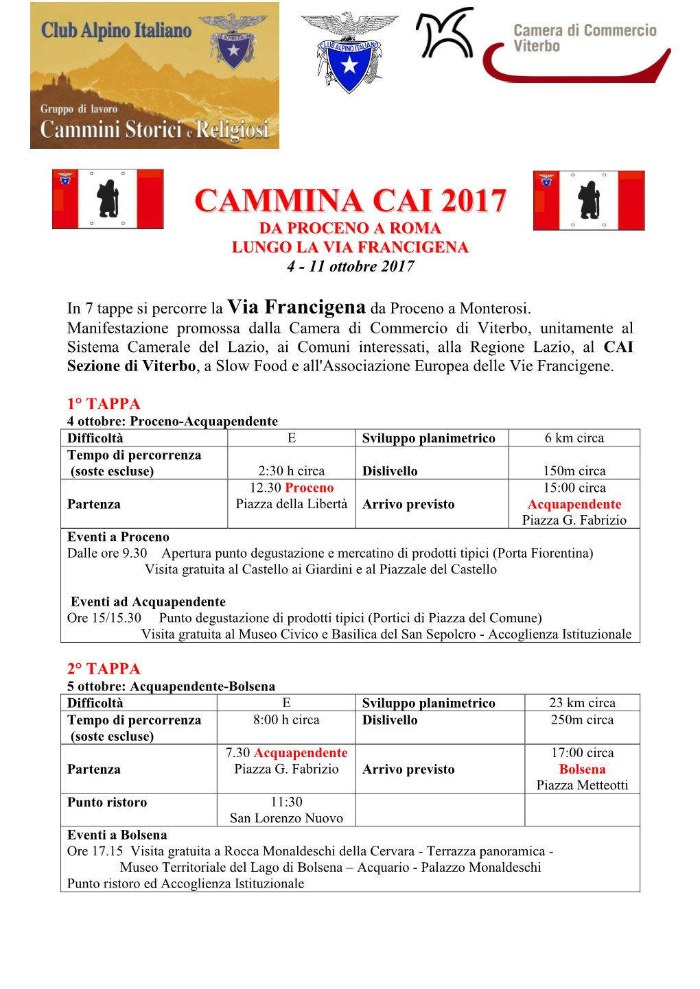 CAMMINA CAI 2017 Dal 4 All’11 Ottobre