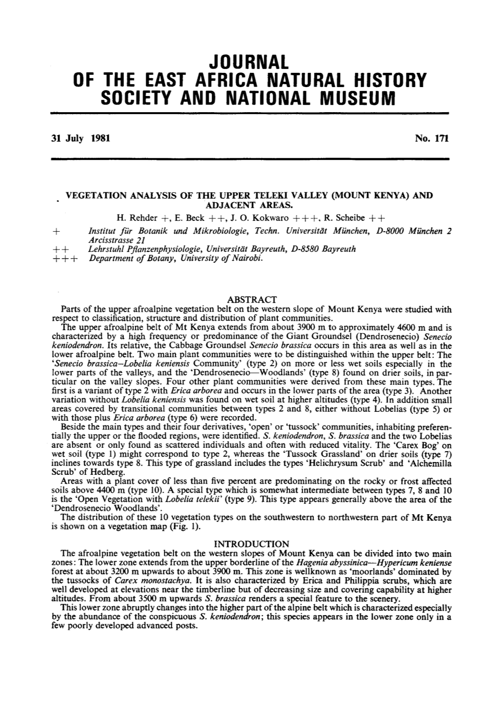 Vegetation Analysis of the Upper Teleki Valley (Mount Kenya) and Adjacent Areas